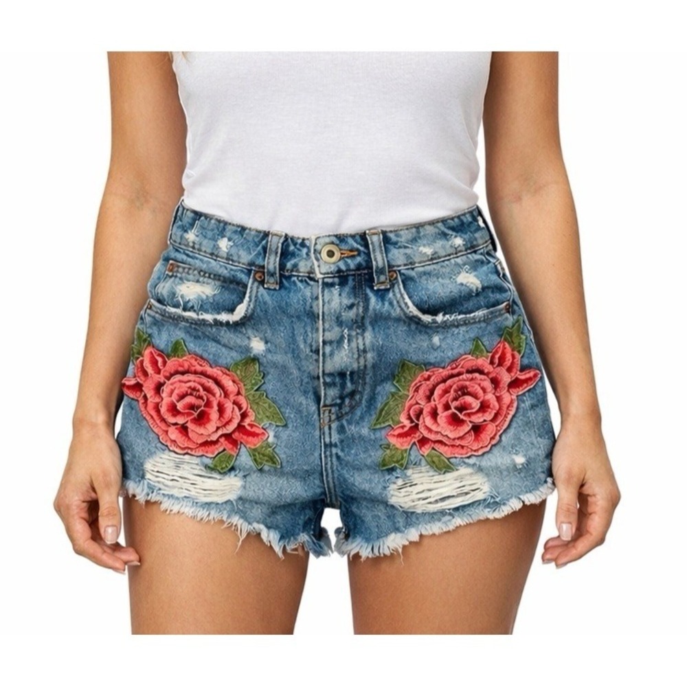 ZARA Trafaluc Denim Shorts Rose Applique XS Button Fly Distressed Raw Hem Boho